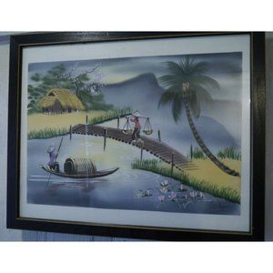 Vietnamese Women Seascape Boat Mountain Original Painting On Silk Signed Framed